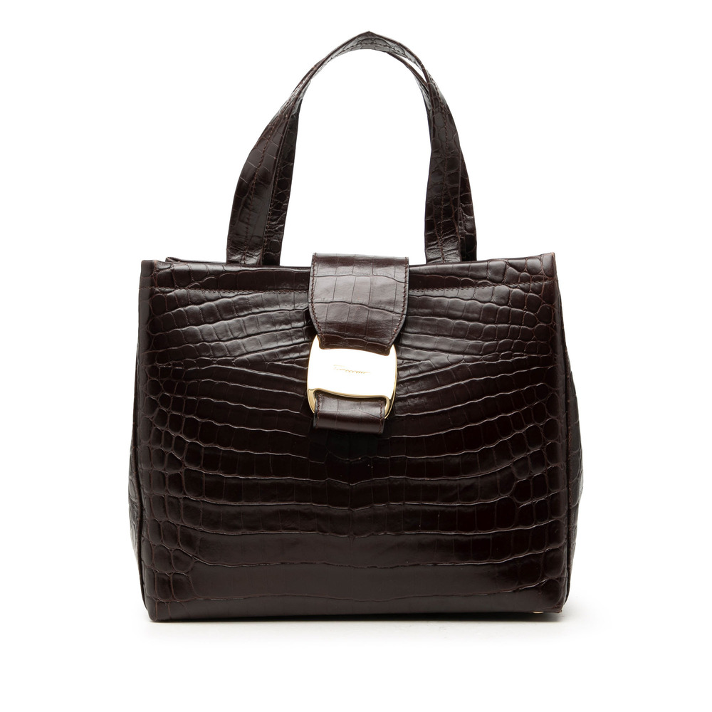 Pre-Loved Ferragamo Croc Embossed Leather Vara Bow Handbag